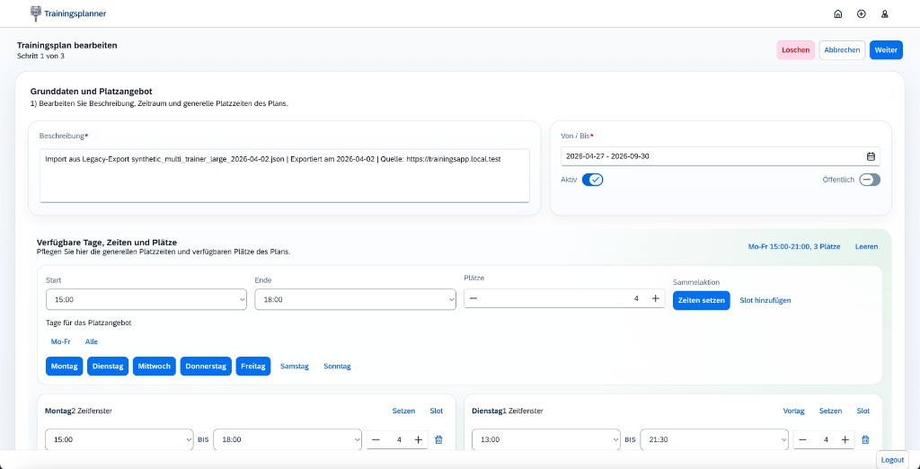 Plan bearbeiten und Platzangebot sauber pflegen